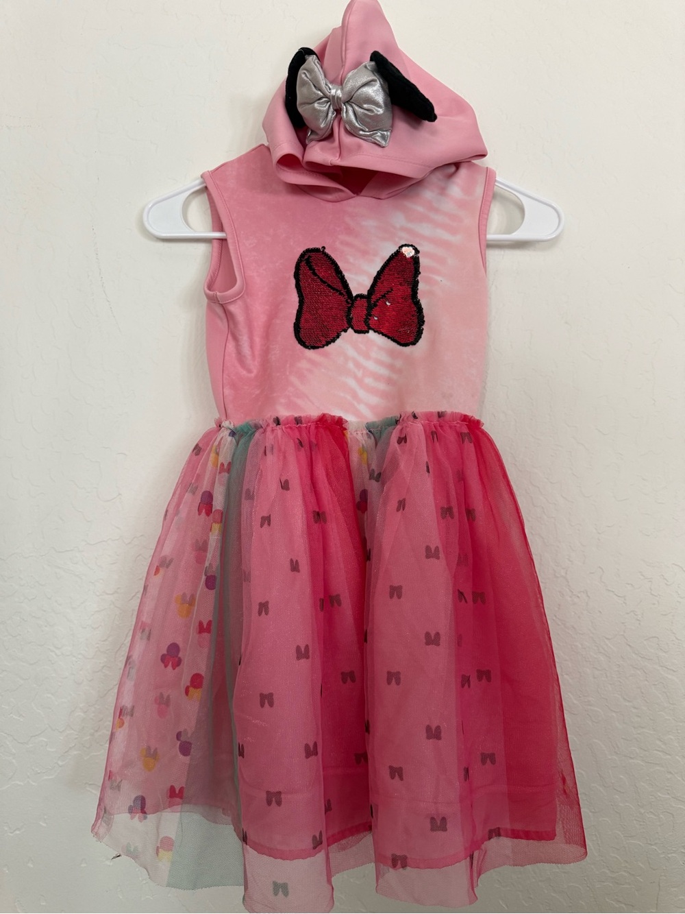 Disney Pink Bow Minnie Mouse Tutu Dress with Hood and Silver Accent